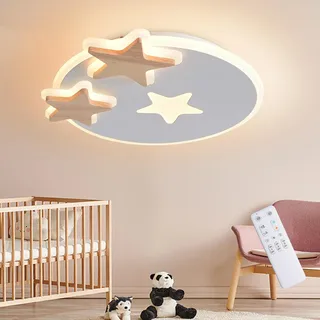 YUEEU Led Deckenleuchte Schlafzimmer,44CM Holz Kinderzimmer Lampe Decke Stern Kinderlampe,Dimmbar Deckenlampe für Kinder Lampe mit Fernbedienung