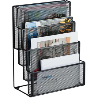 Relaxdays Zeitschriftenhalter Metall, 4 Fächer, Dokumentenablage Büro, HBT: 43x33x18 cm, Magazinhalter, Briefe, schwarz