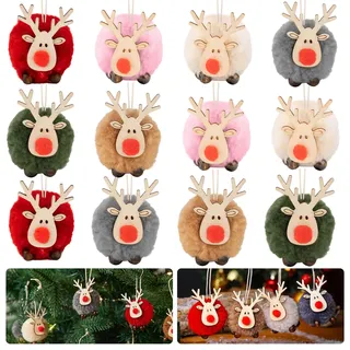 12 Stück Weihnachtsbaum Anhänger, Weihnachtsanhänger Elch Deko Filz Holz Weihnachtsdeko, Elch Weihnachtsdekoration Christbaumschmuck für Weihnachtsbaum, Feiertag, Party Deko