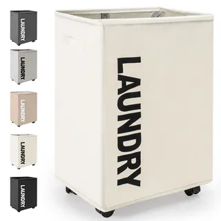 Rieeyrslza Faltbare Wäschekörbe mit Rädern 65L Großen Oxford-Stoff Faltbarer Wäschekorb Rechteckiger Wasserdichter Wäschebehälter Faltbare Wäschebox mit Rad Praktischer Wäschesammler(Beige o2)