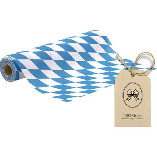 100%Mosel Oktoberfest Tischläufer, Blau-Weiß kariert, 30 cm x 10 m Rolle | Vlies Tischband mit bayrischer Raute; Tischdeko für Wiesn Party und Bayrischer Abend; zuschneidbar, franst nicht