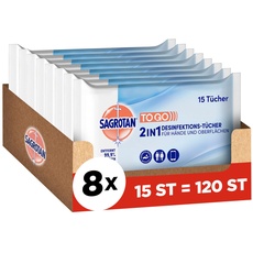 Sagrotan 2in1-Desinfektionstücher – Zum Desinfizieren von Händen und Oberflächen – 8 x 15 Feuchttücher in wiederverschließbarer Verpackung, Weiß, Ozean