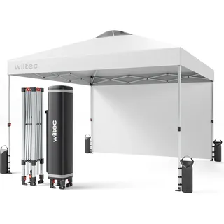 Wiltec Pop up Pavillon 3 x 3 m weiß mit Seitenteil, Faltpavillon mit Rädern und „One Push“-Technologie, Gartenpavillon mit höhenverstellbaren Beinen - Weiß