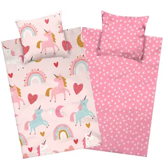 Aminata kids Biber Bettwäsche 135 x 200 Kinder Einhorn-Motiv Mädchen Flanell Baumwolle, Reißverschluss, Kinder-Wende-Bettwäsche-Set Unicorn, warm, weich & kuschelig, rosa pink, Flanellbettwäsche
