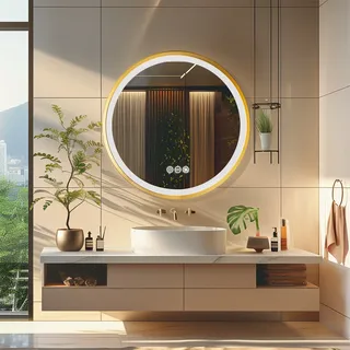 WISFOR LED Badspiegel mit goldenem Aluminiumrahmen 80x80cm, rund Wandspiegel mit Touch Schalter, Anti-Fog dimmbar 3 Lichtfarben, IP44 Energiesparend - Gold