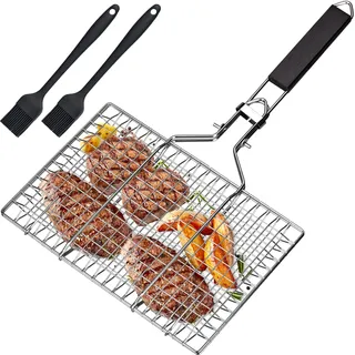 Edelstahl Barbecue Grillschale - Faltbarer Fisch-Grillkorb für Fisch und Gemüse, Rostfreie Zubehör Körbe mit Oxford-Tasche & 2 Silikonbürsten