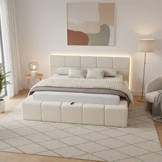 HOME DELUXE LED Bett aus Teddy-Stoff inkl. Stauraum – Beige, 160 x 200 cm | Polsterbett mit Beleuchtung & Matratze für modernen Schlafkomfort - Beige
