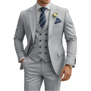 TIJOFA 3-teiliger Anzug für Herren, schmal, Silbergrau, Hochzeitsanzug, klassisch, formell, Smoking, M