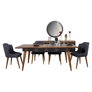 Tisch Esszimmer Garnitur Esstisch Stuhl Set 5tlg. Textil Holz Lehn Stühle Möbel - Braun