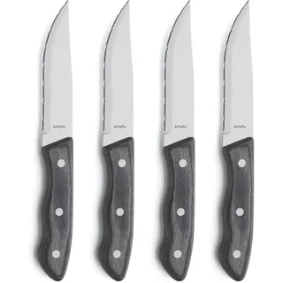 Amefa Hercule Steakmesser Set 4-teilig | Steakmesser mit Wellenschlif | Pakka-Holz-Griffe in Kastanie-Optik | Grillmesser | Pizzamesser | Steak Messer Set, Grau
