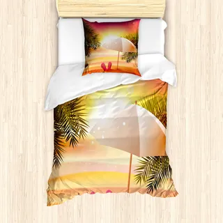 ABAKUHAUS Sommer Mantele, Sommer Sonnenuntergang am Strand, Milbensicher Allergiker geeignet mit Kissenbezügen, 135 cm x 200 cm - 80 x 80 cm, Orange und Gelb - Gelb