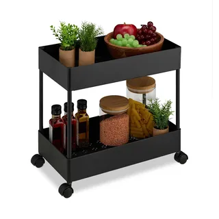 Relaxdays Rollwagen, 2 Etagen, Servierwagen, Küchenwagen, Bad & Büro, Rollregal, HxBxT: 38 x 39,5 x 21,5 cm, schwarz