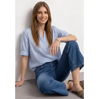 Kurzarmbluse STREET ONE, Damen, Gr. 34, original blau, Web, Obermaterial: 100% Baumwolle, unifarben, bequem hüftbedeckend, V-Ausschnitt, Bündchen, Blusen Kurzarmbluse, Chambray Bluse mit Splitneck und Elastiksaum