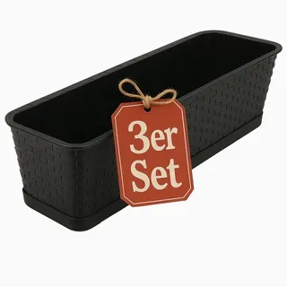 BigDean 3X Blumenkasten mit Untersetzer 80 cm lang Rattan-Optik anthrazit | Balkon Pflanzkasten schmal Balkonkasten - aus PP-Kunststoff - Wetterfest & Langlebig