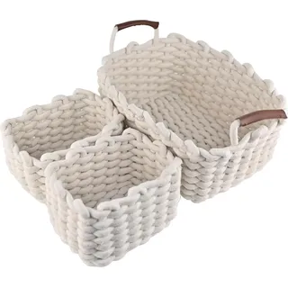 Set von 3 Natürlichen Baumwoll-Aufbewahrungskörben - Strickkorb-Organizer mit Griffen - Aufbewahrungskorb für das Kinderzimmer und Wohnkultur - Spielzeugaufbewahrung - Weiß