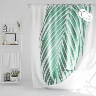 DROPHOP Duschvorhang 180x200 cm Polyester Textil Tropical grün weiß Palmen-Blatt Pflanze Natur Dschungel beschwerter Saum Blickdicht 100% Wasserdicht Waschbar Anti-schimmel Beschichtung .12 Ringe
