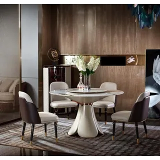 Esstisch 4x Stühle  Rund Luxus Essgarnitur Design Gruppe Esszimmer Möbel  5tlg. - Beige