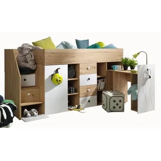 Möbel Kryspol Hochbett 249/123/93 , Eiche Artisan, Weiß , Holz , Nachbildung , 90x200 cm , Babymöbel & Kindermöbel, Kinderzimmer & Jugendzimmer, Kinderbetten, Hochbetten