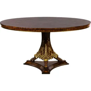 Casa Padrino Luxus Barock Esstisch Dunkelbraun Intarsien / Gold Ø 135 cm - Runder Barockstil Massivholz Küchentisch - Luxus Esszimmer Möbel im Barockstil - Barock Esszimmer Möbel - Dunkelbraun, Gold