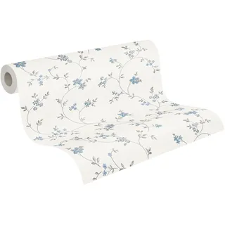 A.S. Création Maison Charme Vliestapete mit floralem Muster 0,53 x 10,05 m – Creme, Grau, Blau – Blumentapete im Landhausstil Made in Germany – 390713