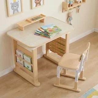 Kinderschreibtisch mit Stuhl - Höhenverstellbares Schreibtisch-Set - Für Kinder 3–12 Jahre - Höhenverstellbar - Mit Seitenregal und Stauraum - Quadratisch - Beige