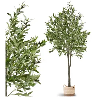 Tectake tectake® Künstlicher Olivenbaum, verschiedene Größen, mit viel Volumen, stabiler Kunststoff-Blumentopf