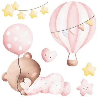 Wallfluent Wandaufkleber 100x93cm - Teddybär-Luftballons und Sterne , Multicolor , Kunststoff , Rechteckig , 100x93x0.1 cm , Tapeten & Wandverkleidungen, Wandtattoos & Sticker, Wandtattoos