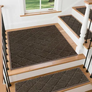 COSY HOMEER 1 Stück Treppenstufen Matten Eckig, 76 x 76cm Anti Rutsch Stufenmatten Selbstklebend, Maschinenwaschbar, 100% Polyester, TPE-Rücken, Ideal für Kinder, Senioren und Haustiere, Braun