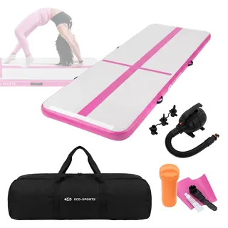 ECD Germany Aufblasbare Gymnastikmatte Turnmatte Airtrack 3m, Rosa, 10 cm Dicke, inkl. Tragetasche, Luftpumpe & Flick-Set, Fitnessmatte Tumbling Matte - Rosa