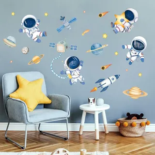 fufuquare Karikatur Weltraum Thema Wandaufkleber mit Astronaut und Planet, Abziehen und Aufkleben DIY Wandtattoo für Jungen und Mädchen Schlafzimmer, Kinderzimmer, Spielzimmer