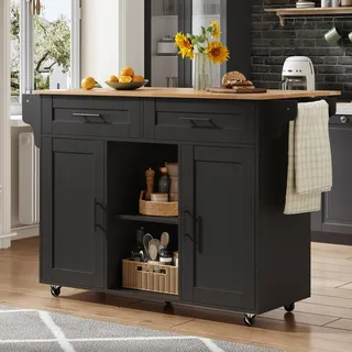 Merax mobile Kücheninsel mit klappbarer Arbeitsplatte und verstellbaren Regalen,Sideboard mit Rollen und Besteckschublade,für Küche/Esszimmer,Schwarz - Schwarz