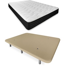 DUÉRMETE ONLINE Komplettes Bett mit wendbarer Visko-Matratze + verstärktem Polsterboden, Beige mit 6 Beinen, Holz, 90 x 190
