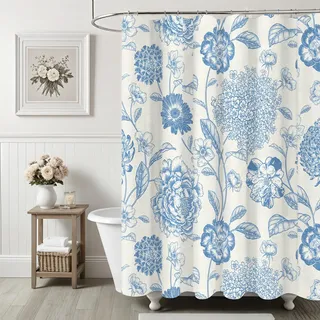 Ksriylm Hellblaue Leinen Baumwolle wasserdicht Duschvorhang,182x182cm wunderschöne Blumen Duschvorhänge für Badezimmer Dekor, schickes Stoff Tuch Blumenblätter Duschvorhang mit 12 Ringe