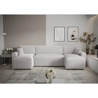 Ecksofa Alvito U BIS, Farbe: Weiß. Material: Kord. A: B: 330 cm,H: 85 cm,Otomana Länge: 140 cm, Eckcouch, Schlafcouch, Sofa bed, Schlafsofa - Weiß