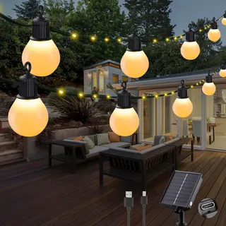 Tacobey Solar Lichterkette Außen Warmweiß Mit 20 G40 Glühbirnen - 10M 100 LED Solar Weihnachtsbeleuchtung Aussen Garten, USB Aufladbar, 8 Mode, Wetterfest, für Outdoor Garten Terrasse Balkon Deko