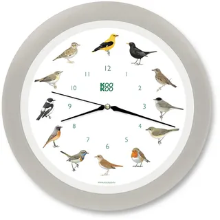 KOOKOO Singvögel Quarzwerk seiden-grau, Die Singende Vogeluhr, runde Wanduhr mit natürlichen Vogelstimmen