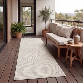 Outdoor Teppich Wetterfest Balkon Wohnzimmer Skandinavisches Boho Einfarbig Grösse 80x150 cm - Creme