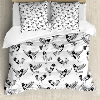 ABAKUHAUS Schwarz und weiß Bettbezug, Cartoon Vögel, Milbensicher Allergiker geeignet mit Kissenbezügen, 155 cm x 220 cm - 80 x 80 cm, Schwarz-Weiss - Weiß