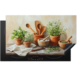 KitchenYeah© Herdabdeckplatte Einteilig Glaskeramikkochfeld Abdeckplatte für | 90x52 cm - Induktionsschutz Glaskeramikkochfeldabdeckung Vinyl Herdabdeckplatten Töpfe - Kräuter - Holz