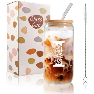Bliceon A-Z Initial Personalisierte Geburtstagsgeschenke für Frauen, 500ml Eiskaffeetassen aus Glas für Mama, Freundinnen und Schwestern, Männer, Papa, Eiskaffeetasse mit Deckel und Strohhalmen (I)