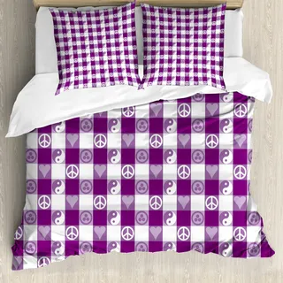 ABAKUHAUS Plaid Bettbezug, Yin Yang Herz-Frieden, Milbensicher Allergiker geeignet mit Kissenbezügen, 200 cm x 200 cm - 80 x 80 cm, Magenta Lavendel Weiß - Weiß