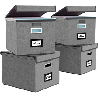 FINEW Stoff Faltbare Aufbewahrungsbox mit Deckel,Hängemappen Hängeregister | Leinen Hängemappenbox für DIN A4 Hängeregister, Aufbewahrungsboxen für Büro/Dekor,Faltbox für Familien (Dunkelgrau) 4 pack