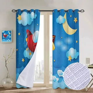 NUOMANAN Verdunkelungsvorhänge, Mond, Kleiner Junge auf dem Planeten in Wasserfarben, Cartoon-Stil, Sonnensystem, Kinderzimmer, Wohnzimmer 54" W x 84" L Color09