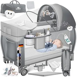 Kidiz® Babybett Reisebett Kinderreisebett klappbar mit Matratze & Räder 120x60, Seiteneingang, Wickelauflage, Moskitonetz & Tragetasche Baby Beistellbett Kinderbett ab Geburt bis 15 kg Grau