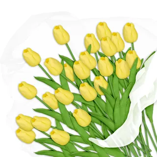 Relaxdays künstliche Tulpen, 24 Kunstblumen wie echt, dekorative Kunsttulpen aus Kunststoff, ca. 33,5 cm lang, gelb/grün
