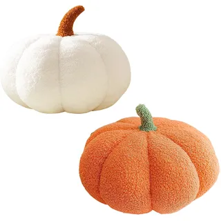 PangWuu 2 Stück 3D Gefüllte Kürbis Dekokissen Kürbiskissen, Halloween & Schlafzimmerdekoration, Kinderzimmer Zierkissen, Sofa Kissen Weiß und Orange 23cm