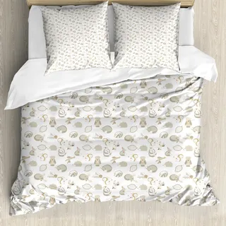 ABAKUHAUS Wald Bettbezug Set für Einzelbetten, Waldtiere und Gegenstände, Milbensicher Allergiker geeignet mit Kissenbezug, 155 cm x 220 cm - 80 x 80 cm, Dunkle Eggshell Perle - Weiß