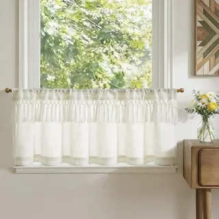 TOPICK Scheibengardinen Küche Leinen Bistrogardine mit Tunnelzug Beige Spitzenborte Volant für Wohnwagen kinderzimmer Landhausstil Shabby Chic Gardinen Kurz Lichtdurchlässig 1er Set 125Bx45H cm Weiß
