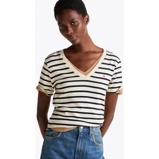 T-Shirt TOMMY HILFIGER "CODY V-NECK SHORT SLEEVE", Damen, Gr. XS (34), beige (country ivory, drk n navy), Jersey, Obermaterial: 100% Baumwolle, gestreift, slim fit hüftlang, tiefer V-Ausschnitt, abgesteppte Kante, Shirts T-Shirt, mit V-Ausschnitt, Baumwolle, Slim Fit