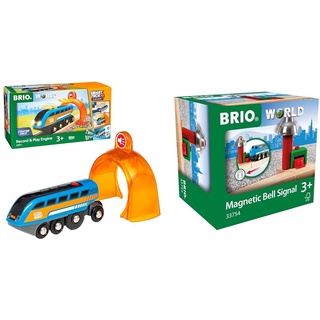 BRIO World 33971 Smart Tech Sound Lok mit Aufnahmefunktion Elektrischer Zug & World 33754 - Magnetisches Glockensignal – Eisenbahnzubehör Holzeisenbahn